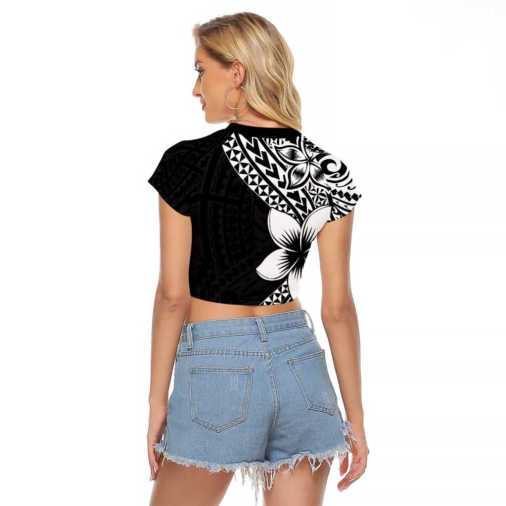 Lotu Tamaiti White Sunday Raglan Cropped T Shirt Pacific Plumeria Flowers - Black Version