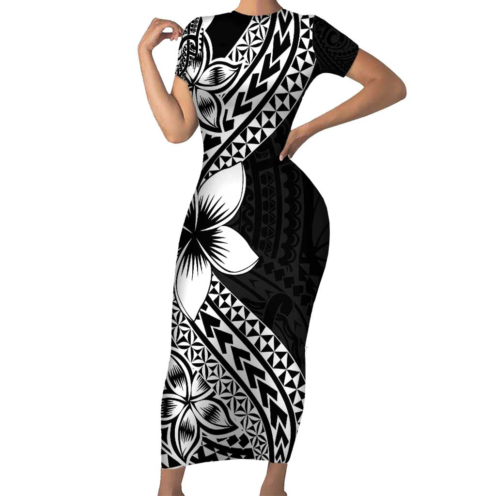 Lotu Tamaiti White Sunday Short Sleeve Bodycon Dress Pacific Plumeria Flowers - Black Version