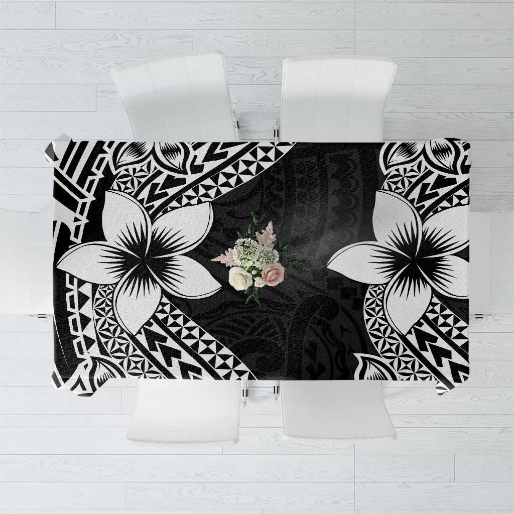 Lotu Tamaiti White Sunday Tablecloth Pacific Plumeria Flowers - Black Version