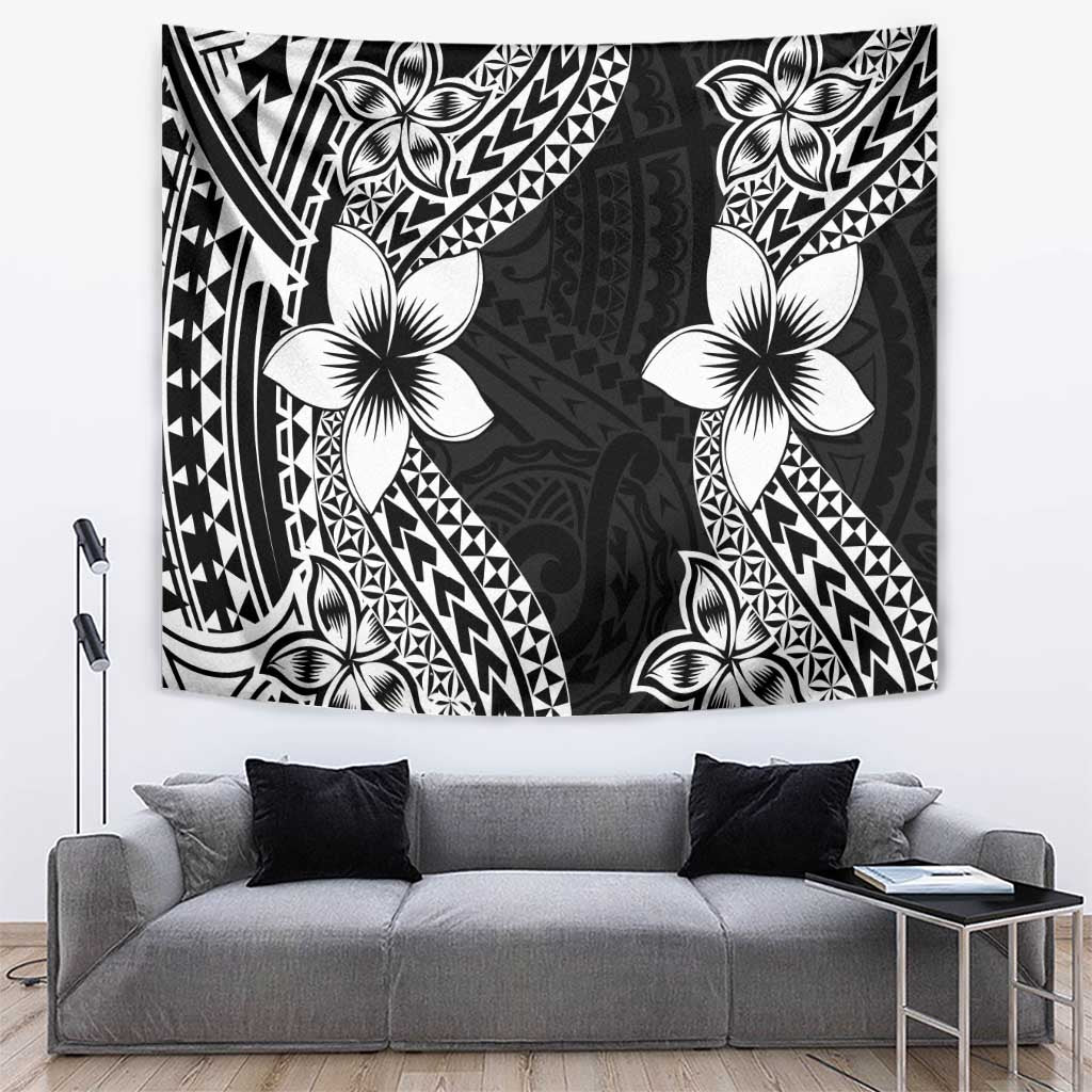 Lotu Tamaiti White Sunday Tapestry Pacific Plumeria Flowers - Black Version