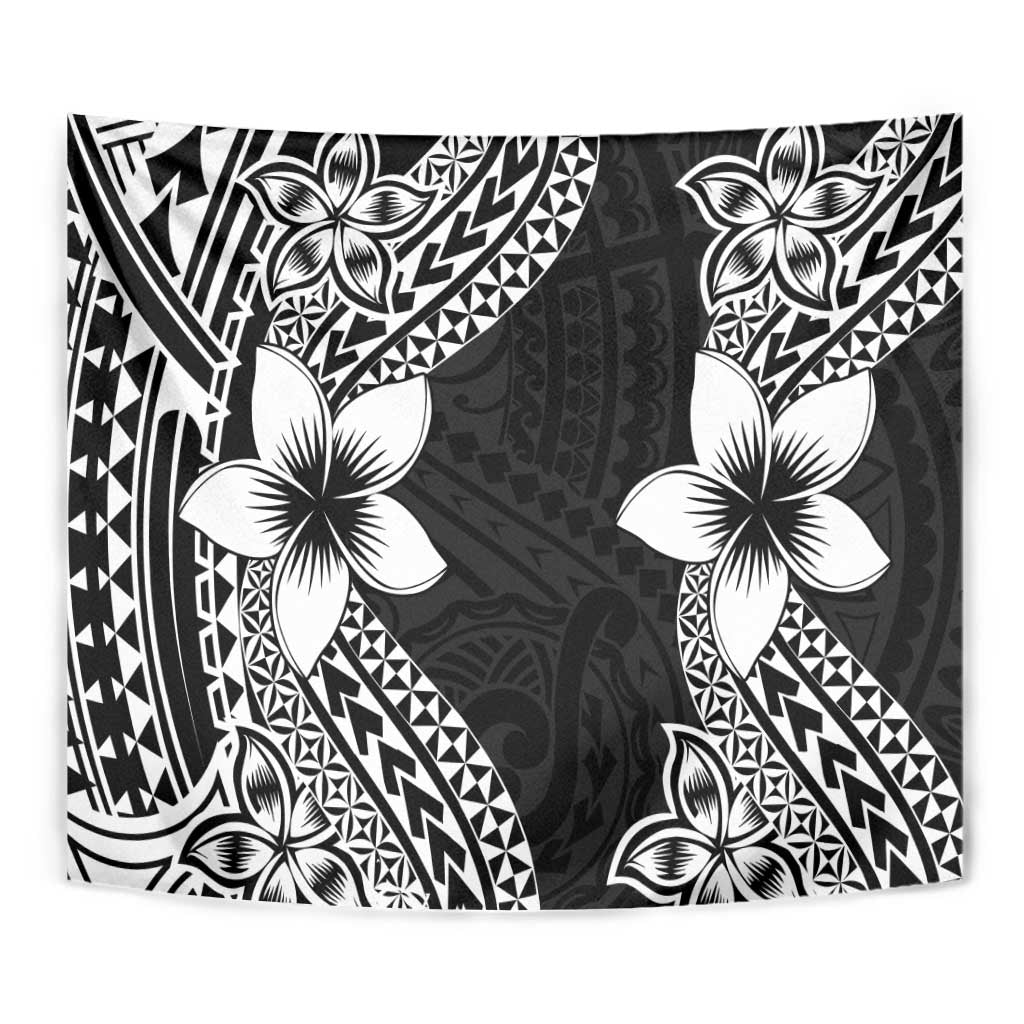 Lotu Tamaiti White Sunday Tapestry Pacific Plumeria Flowers - Black Version