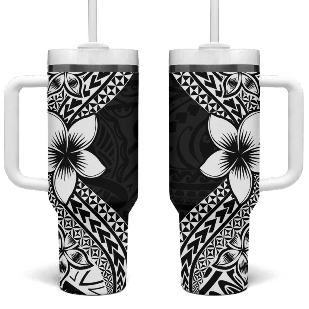 Lotu Tamaiti White Sunday Tumbler With Handle Pacific Plumeria Flowers - Black Version