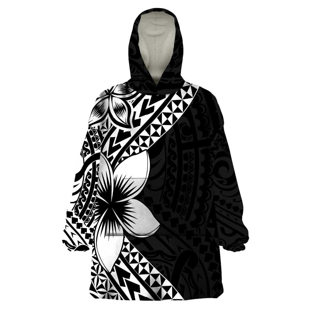 Lotu Tamaiti White Sunday Wearable Blanket Hoodie Pacific Plumeria Flowers - Black Version LT9 One Size Black - Polynesian Pride