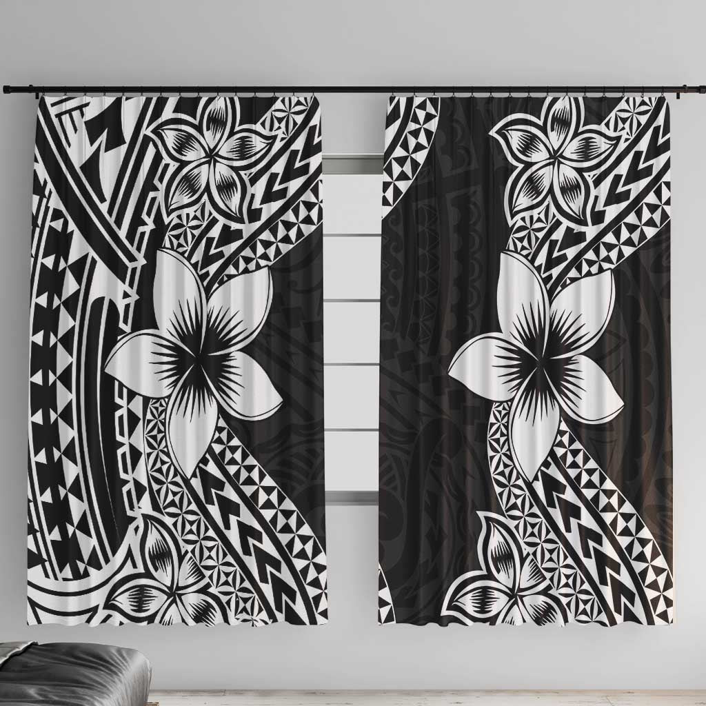 Lotu Tamaiti White Sunday Window Curtain Pacific Plumeria Flowers - Black Version LT9 With Hooks Black - Polynesian Pride