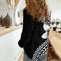 Lotu Tamaiti White Sunday Women Casual Shirt Pacific Plumeria Flowers - Black Version