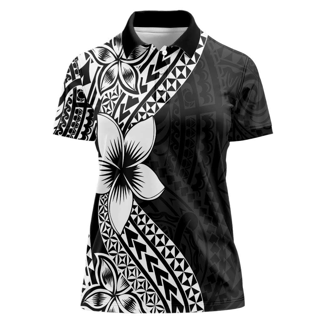 Lotu Tamaiti White Sunday Women Polo Shirt Pacific Plumeria Flowers - Black Version
