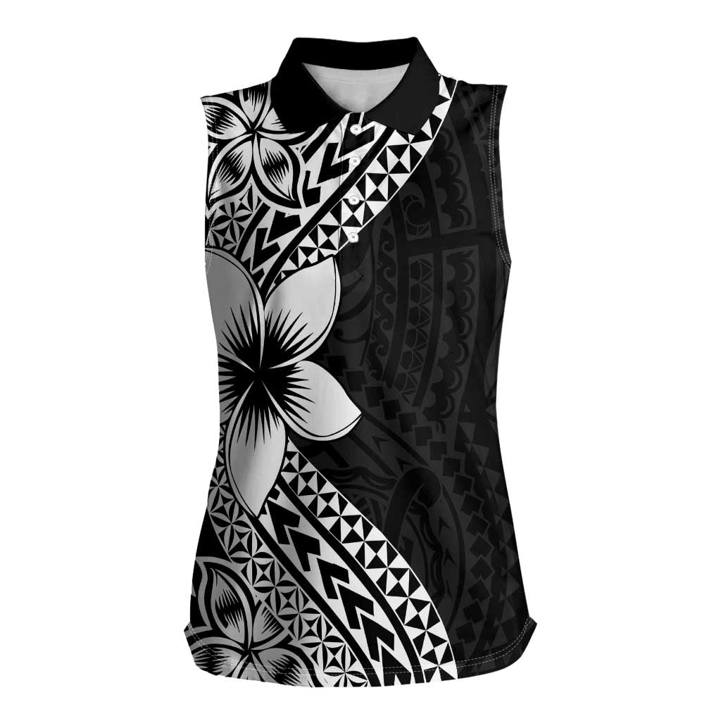Lotu Tamaiti White Sunday Women Sleeveless Polo Shirt Pacific Plumeria Flowers - Black Version LT9 Female Black - Polynesian Pride