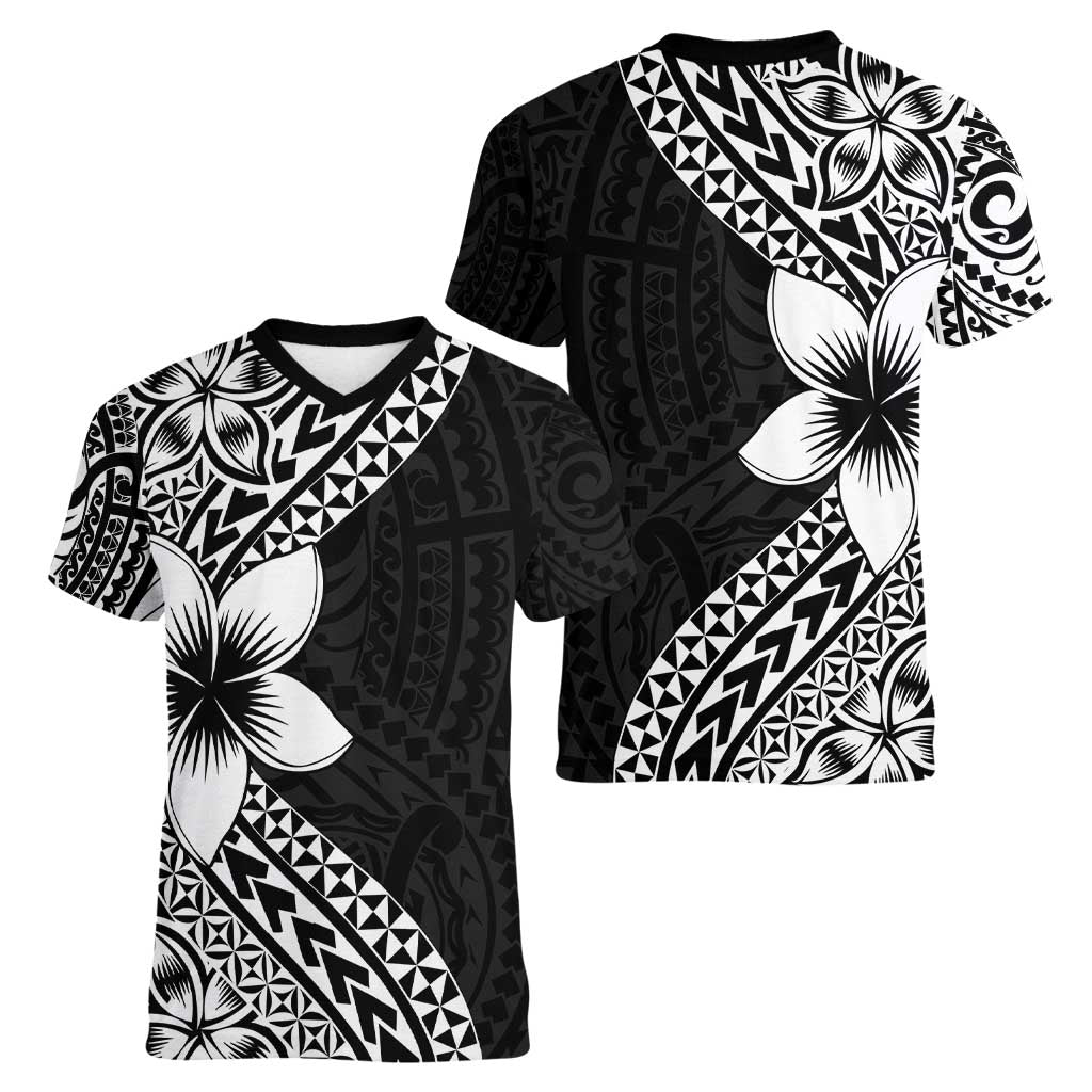 Lotu Tamaiti White Sunday Women V-Neck T-Shirt Pacific Plumeria Flowers - Black Version