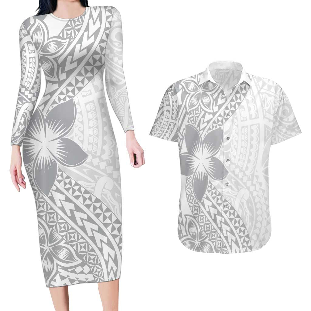 Lotu Tamaiti White Sunday Couples Matching Long Sleeve Bodycon Dress and Hawaiian Shirt Pacific Plumeria Flowers - White Version