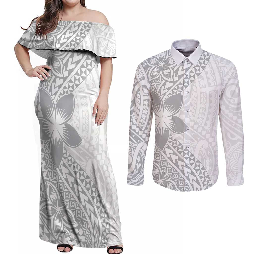Lotu Tamaiti White Sunday Couples Matching Off Shoulder Maxi Dress and Long Sleeve Button Shirt Pacific Plumeria Flowers - White Version LT9 White - Polynesian Pride