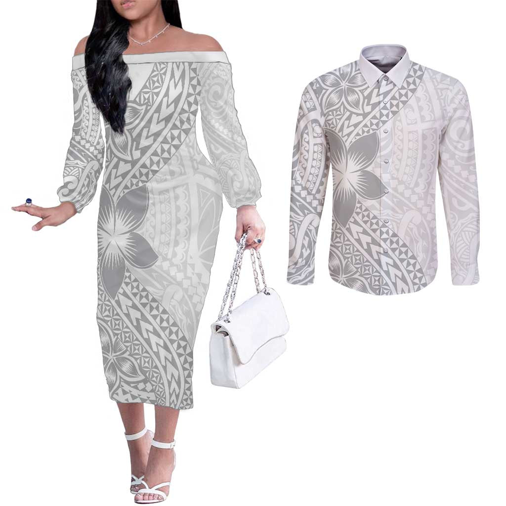 Lotu Tamaiti White Sunday Couples Matching Off The Shoulder Long Sleeve Dress and Long Sleeve Button Shirt Pacific Plumeria Flowers - White Version