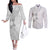 Lotu Tamaiti White Sunday Couples Matching Off The Shoulder Long Sleeve Dress and Long Sleeve Button Shirt Pacific Plumeria Flowers - White Version
