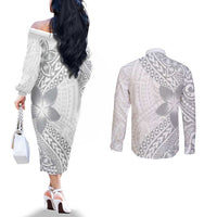 Lotu Tamaiti White Sunday Couples Matching Off The Shoulder Long Sleeve Dress and Long Sleeve Button Shirt Pacific Plumeria Flowers - White Version