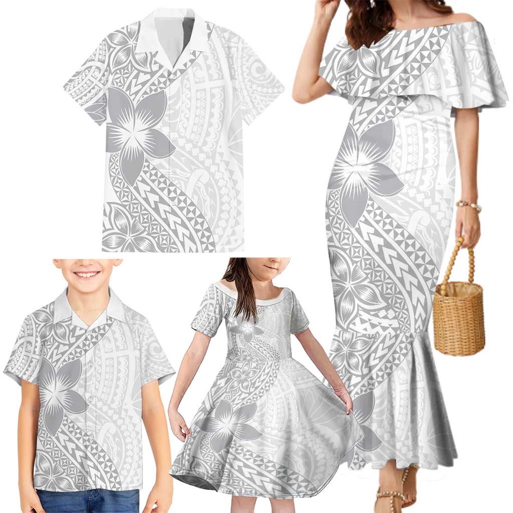Lotu Tamaiti White Sunday Family Matching Mermaid Dress and Hawaiian Shirt Pacific Plumeria Flowers - White Version LT9 - Polynesian Pride