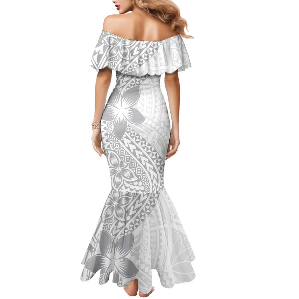 Lotu Tamaiti White Sunday Family Matching Mermaid Dress and Hawaiian Shirt Pacific Plumeria Flowers - White Version