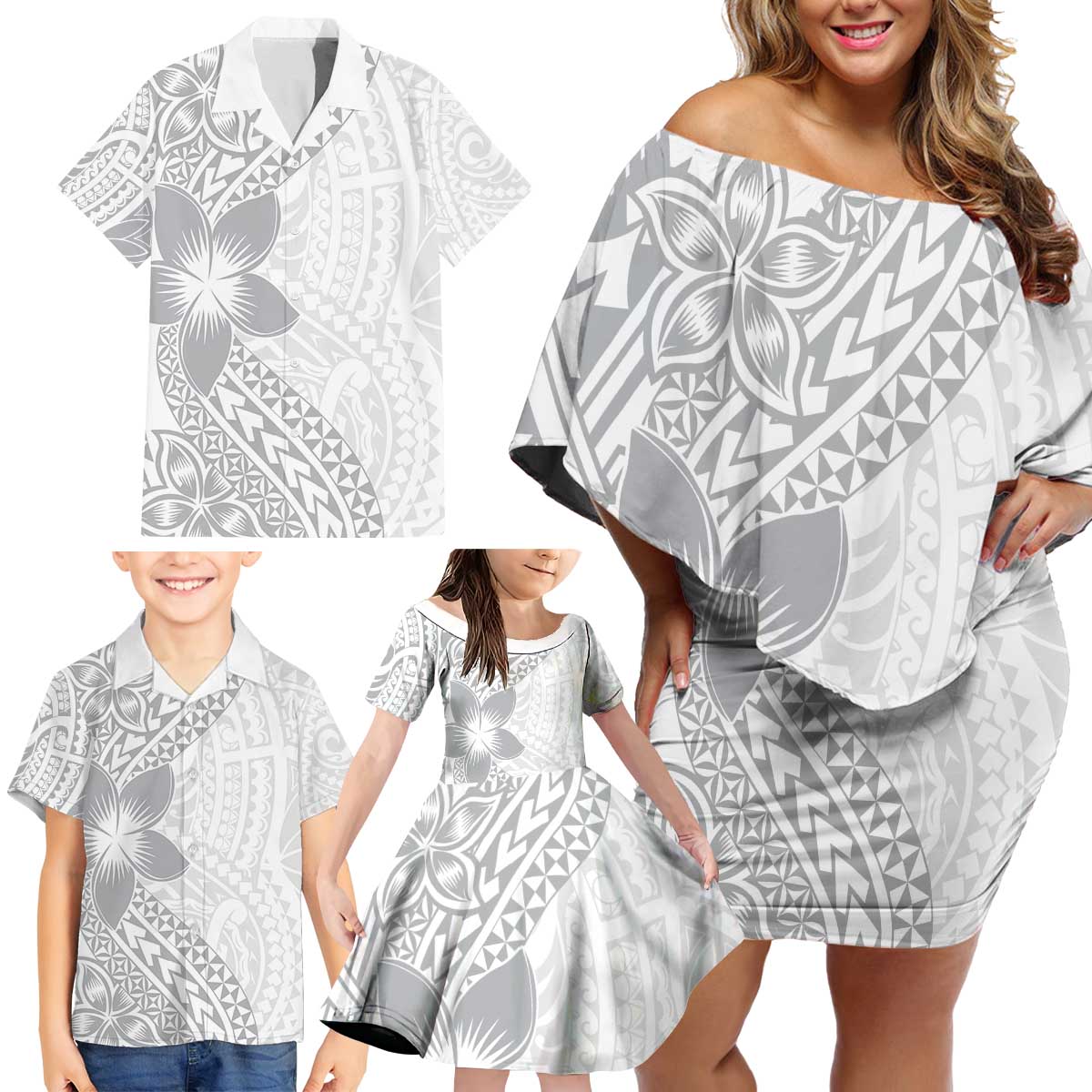 Lotu Tamaiti White Sunday Family Matching Off Shoulder Short Dress and Hawaiian Shirt Pacific Plumeria Flowers - White Version