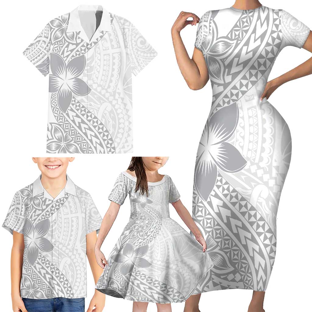 Lotu Tamaiti White Sunday Family Matching Short Sleeve Bodycon Dress and Hawaiian Shirt Pacific Plumeria Flowers - White Version