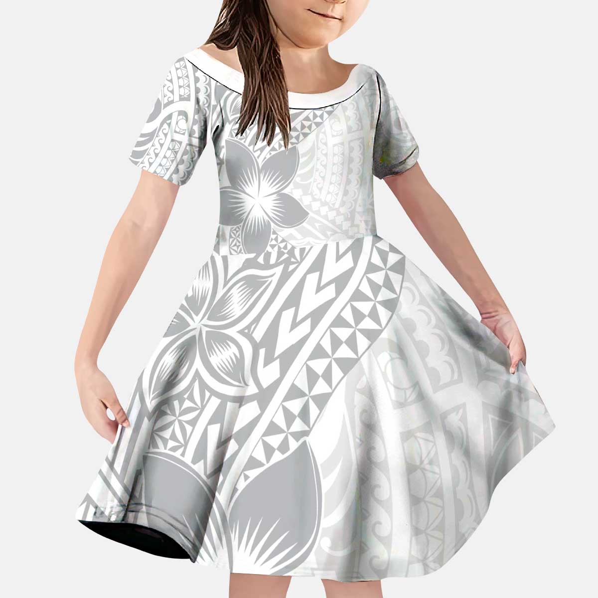 Lotu Tamaiti White Sunday Kid Short Sleeve Dress Pacific Plumeria Flowers - White Version