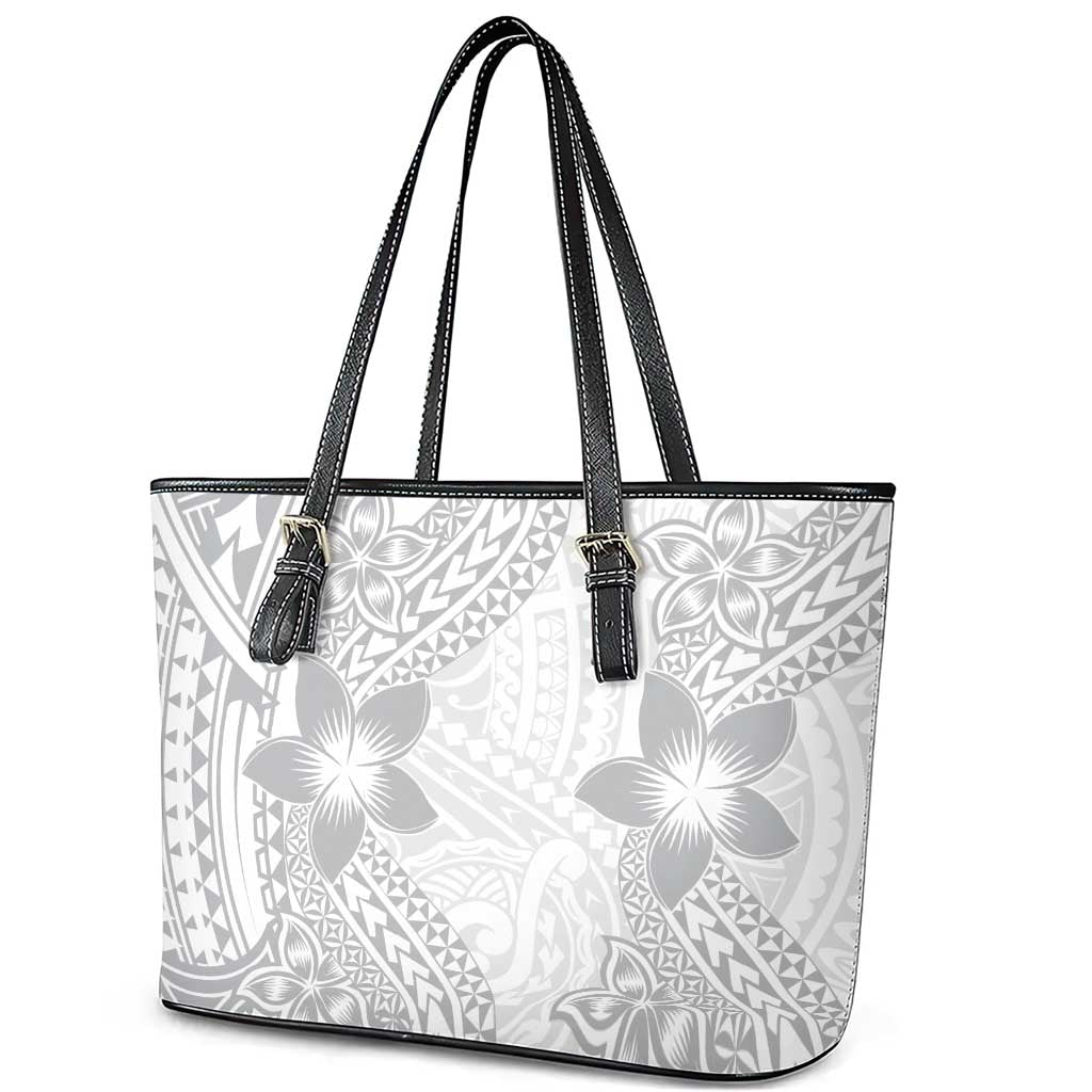 Lotu Tamaiti White Sunday Leather Tote Bag Pacific Plumeria Flowers - White Version LT9 - Polynesian Pride