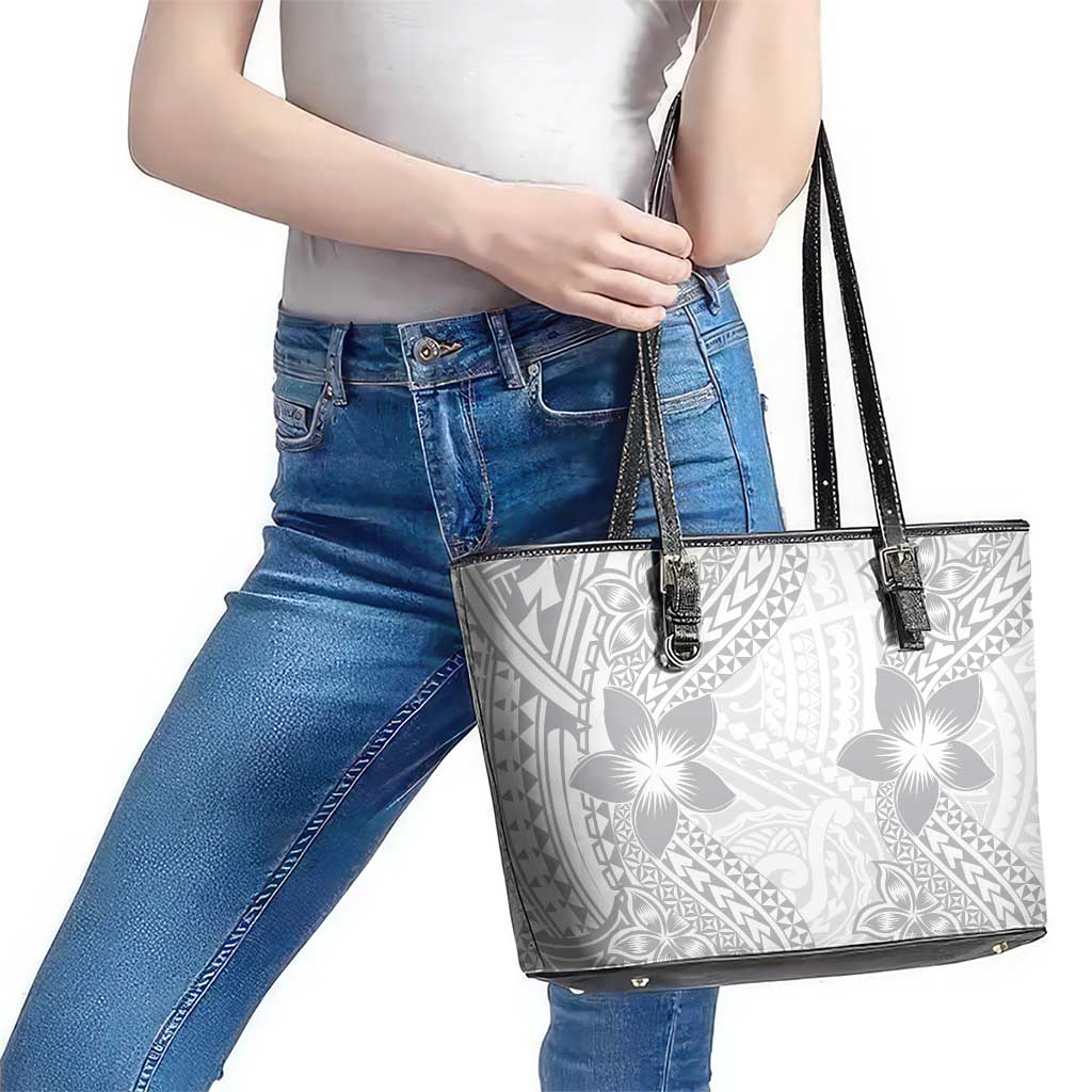 Lotu Tamaiti White Sunday Leather Tote Bag Pacific Plumeria Flowers - White Version LT9 - Polynesian Pride