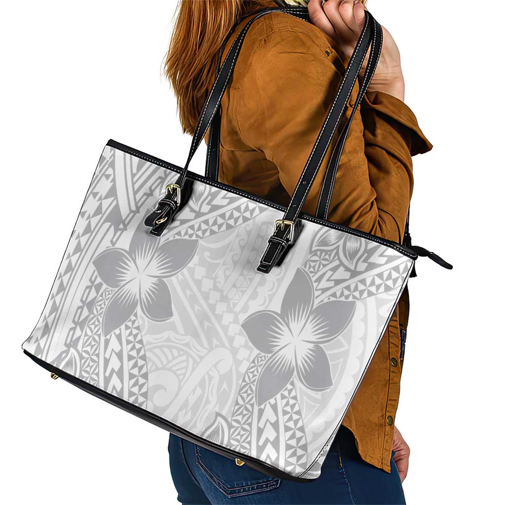 Lotu Tamaiti White Sunday Leather Tote Bag Pacific Plumeria Flowers - White Version LT9 - Polynesian Pride