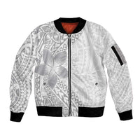 Lotu Tamaiti White Sunday Sleeve Zip Bomber Jacket Pacific Plumeria Flowers - White Version