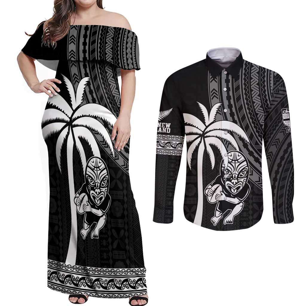 Custom Fiji New Zealand Rugby Couples Matching Off Shoulder Maxi Dress and Long Sleeve Button Shirt Make History Together