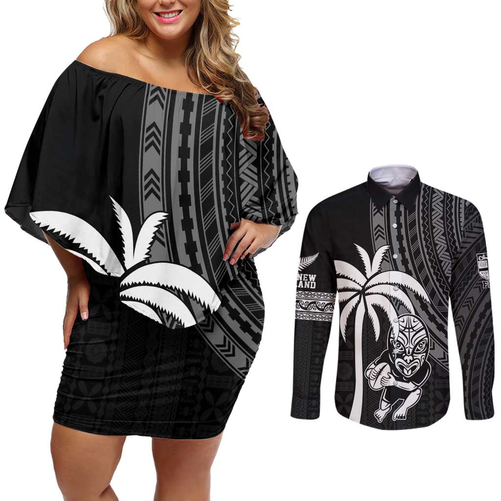 Custom Fiji New Zealand Rugby Couples Matching Off Shoulder Short Dress and Long Sleeve Button Shirt Make History Together