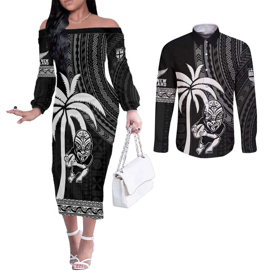 Custom Fiji New Zealand Rugby Couples Matching Off The Shoulder Long Sleeve Dress and Long Sleeve Button Shirt Make History Together