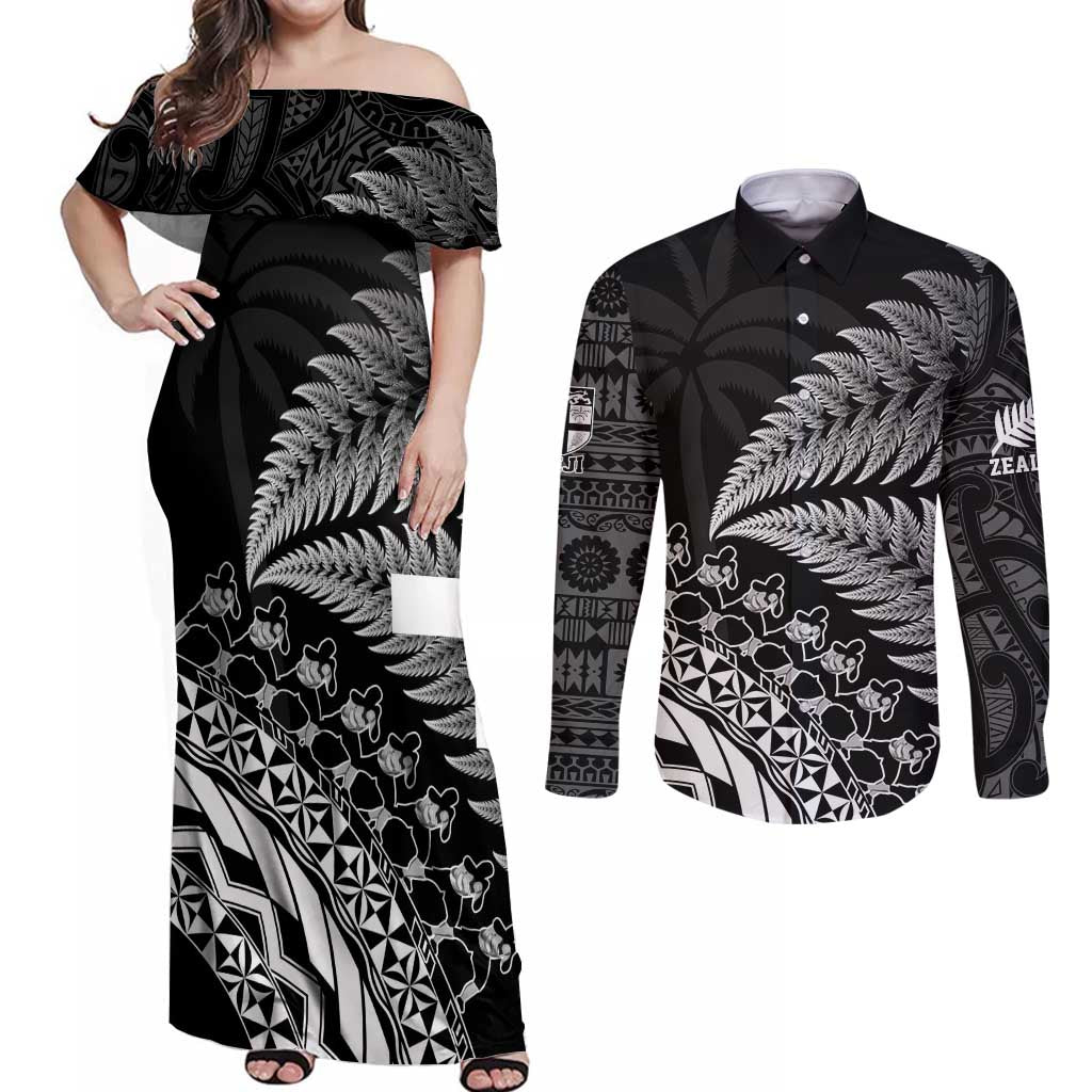 Custom Fiji New Zealand Rugby Couples Matching Off Shoulder Maxi Dress and Long Sleeve Button Shirt Cibi Dance with Black Fern