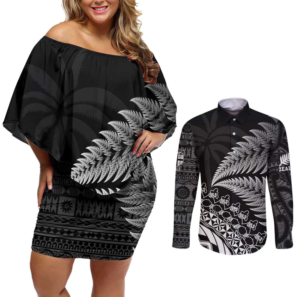 Custom Fiji New Zealand Rugby Couples Matching Off Shoulder Short Dress and Long Sleeve Button Shirt Cibi Dance with Black Fern