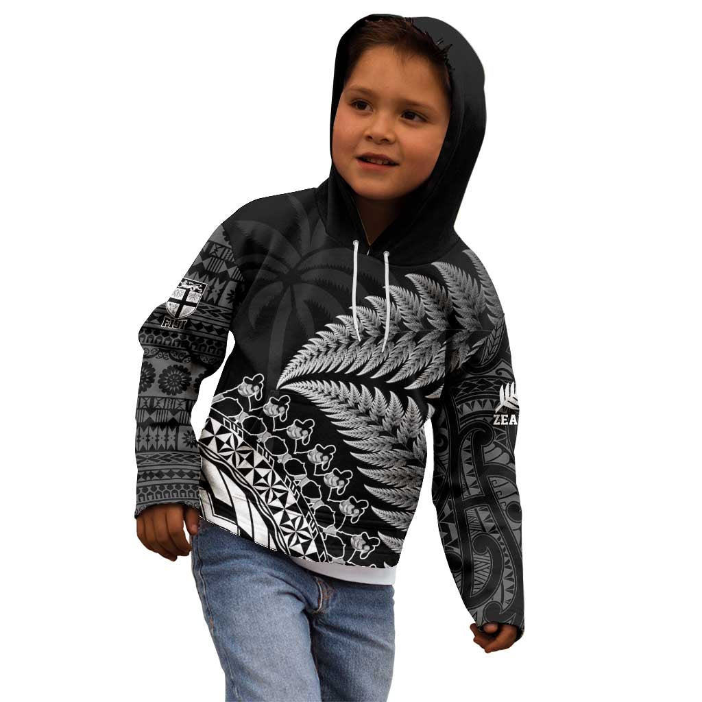 Custom Fiji New Zealand Rugby Kid Hoodie Cibi Dance with Black Fern