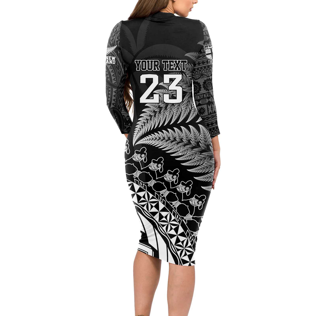 Custom Fiji New Zealand Rugby Long Sleeve Bodycon Dress Cibi Dance with Black Fern