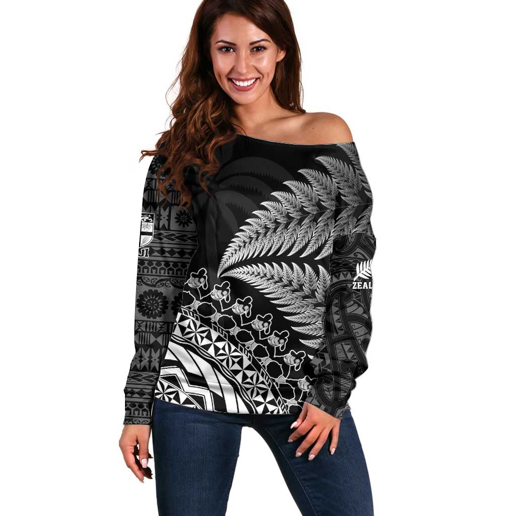 Custom Fiji New Zealand Rugby Off Shoulder Sweater Cibi Dance with Black Fern