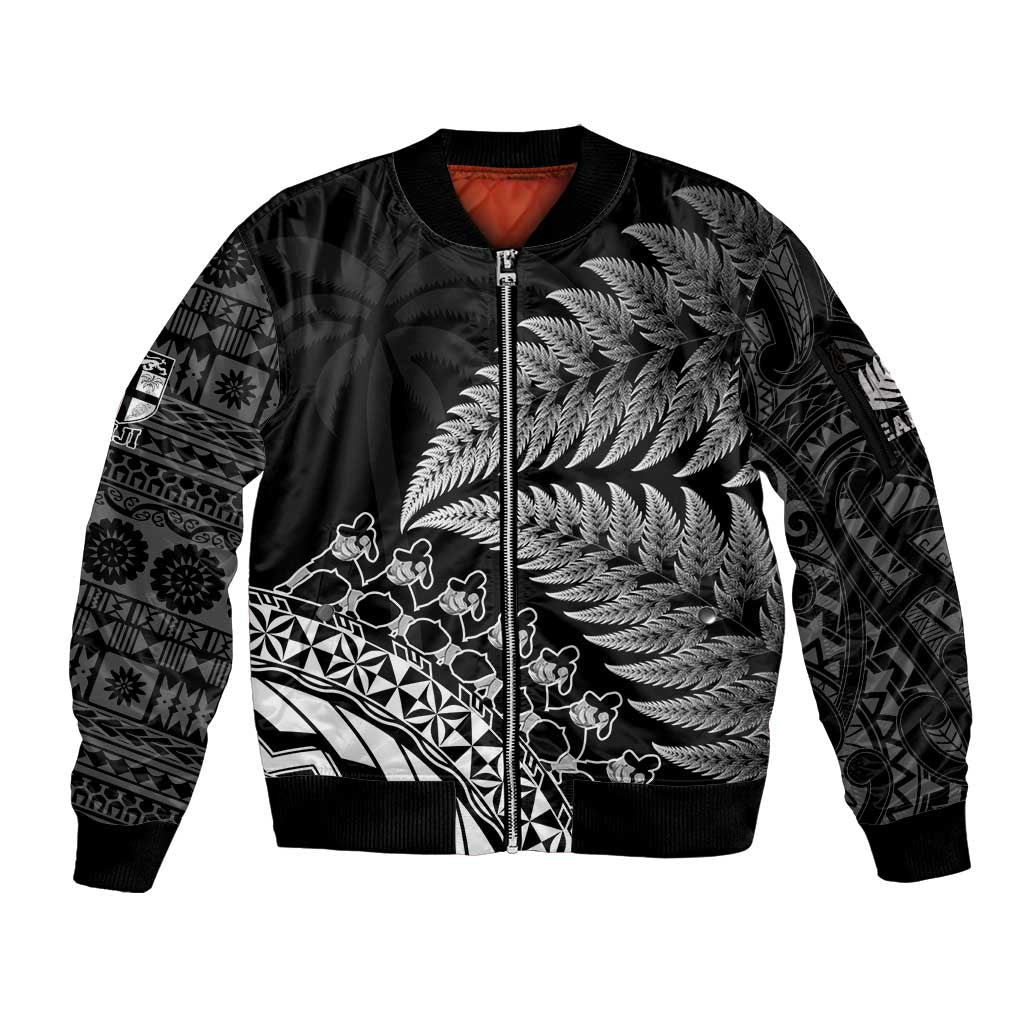 Custom Fiji New Zealand Rugby Sleeve Zip Bomber Jacket Cibi Dance with Black Fern