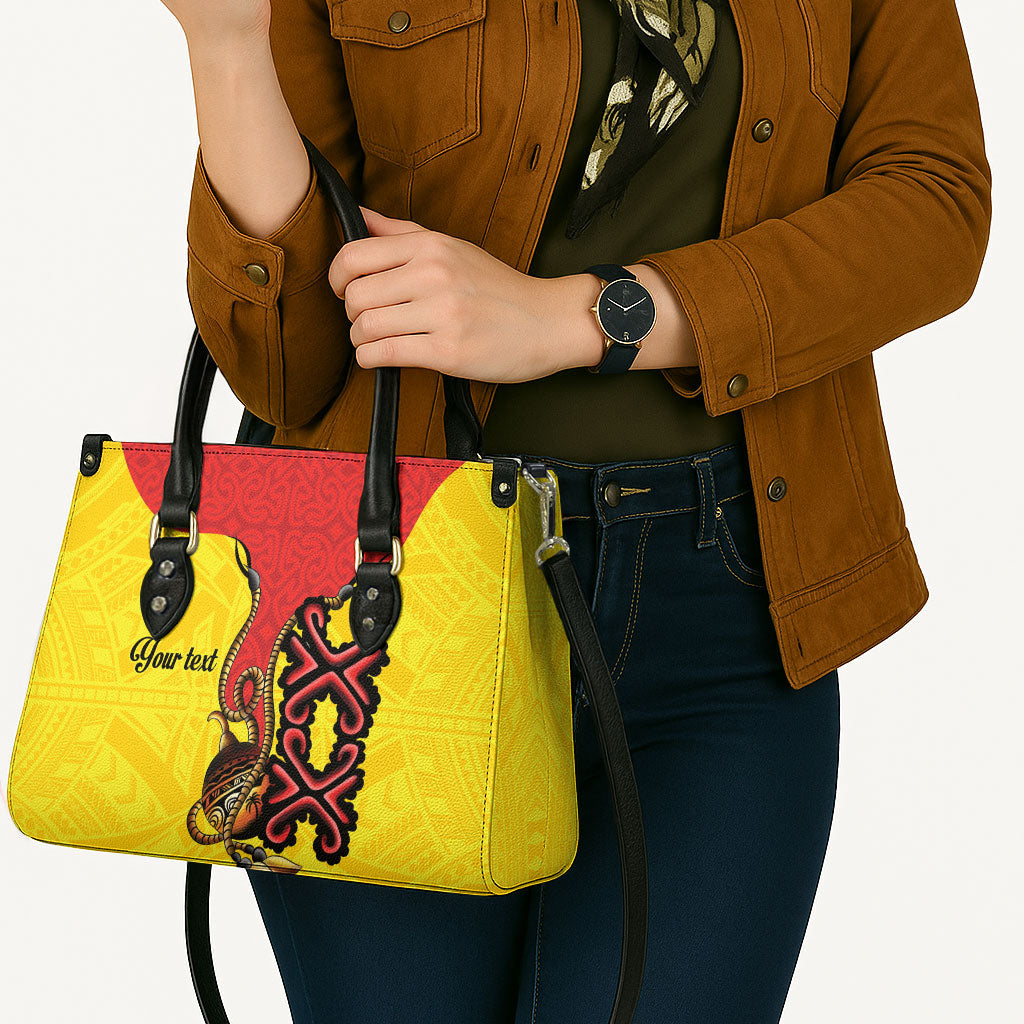 Personalised Papua New Guinea Oro Necklace Leather Bag Gold Melanesia Traditional Pattern