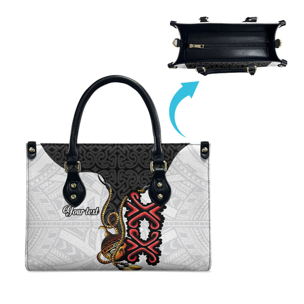 Personalised Papua New Guinea Oro Necklace Leather Bag Black Melanesia Traditional Pattern