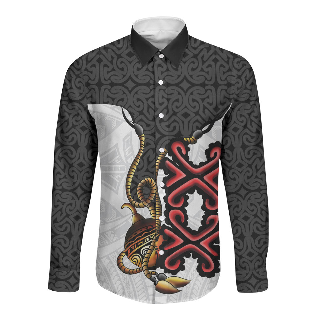 Personalised Papua New Guinea Oro Necklace Long Sleeve Button Shirt Black Melanesia Traditional Pattern