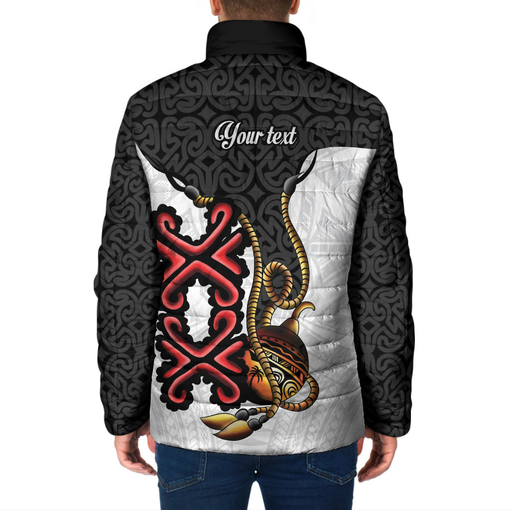 Personalised Papua New Guinea Oro Necklace Padded Jacket Black Melanesia Traditional Pattern