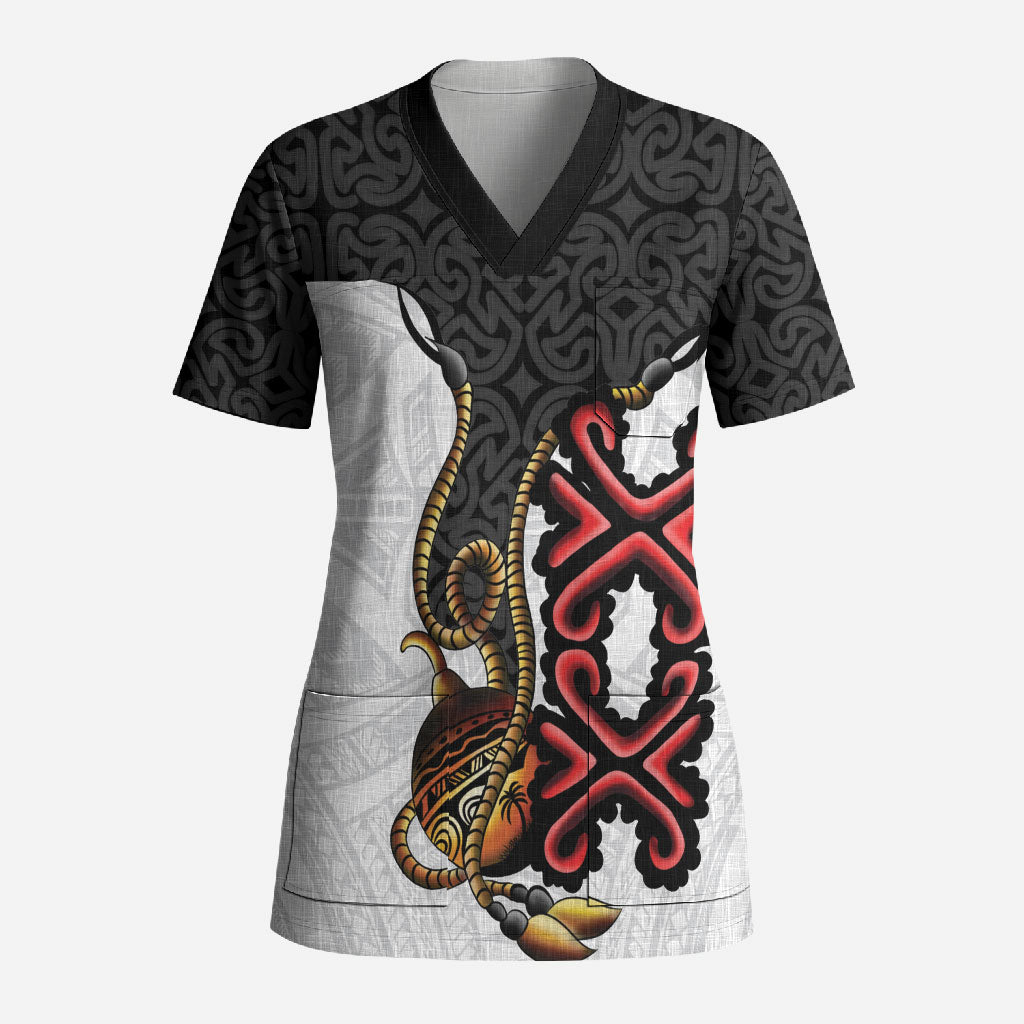 Personalised Papua New Guinea Oro Necklace Scrub Top Black Melanesia Traditional Pattern LT9 Adult Black - Polynesian Pride