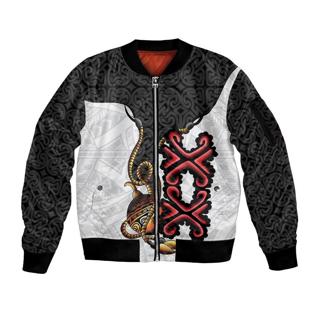 Personalised Papua New Guinea Oro Necklace Sleeve Zip Bomber Jacket Black Melanesia Traditional Pattern LT9 Unisex Black - Polynesian Pride