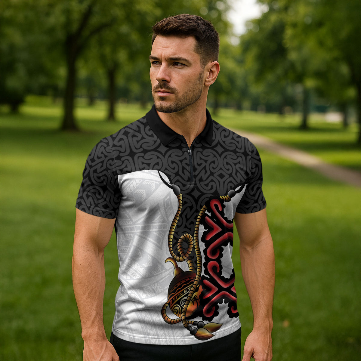 Personalised Papua New Guinea Oro Necklace Zipper Polo Shirt Black Melanesia Traditional Pattern