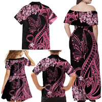 Polynesian Floral Butterfly Family Matching Off Shoulder Long Sleeve Dress and Hawaiian Shirt Breast Cancer Pink Ribbon LT9 - Polynesian Pride