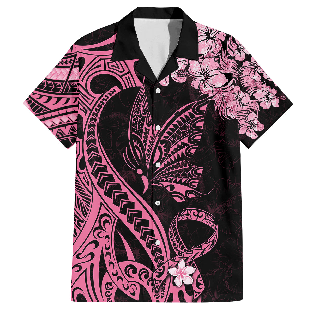 Polynesian Floral Butterfly Family Matching Off Shoulder Maxi Dress and Hawaiian Shirt Breast Cancer Pink Ribbon LT9 Dad's Shirt - Short Sleeve Pink - Polynesian Pride