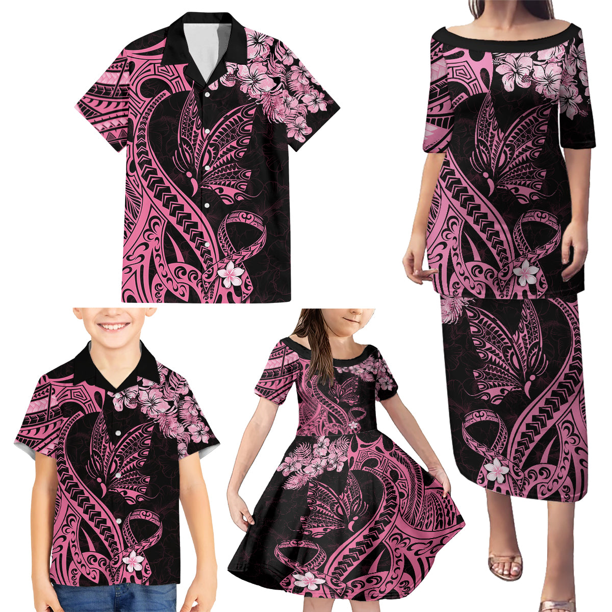 Polynesian Floral Butterfly Family Matching Puletasi Dress and Hawaiian Shirt Breast Cancer Pink Ribbon LT9 - Polynesian Pride
