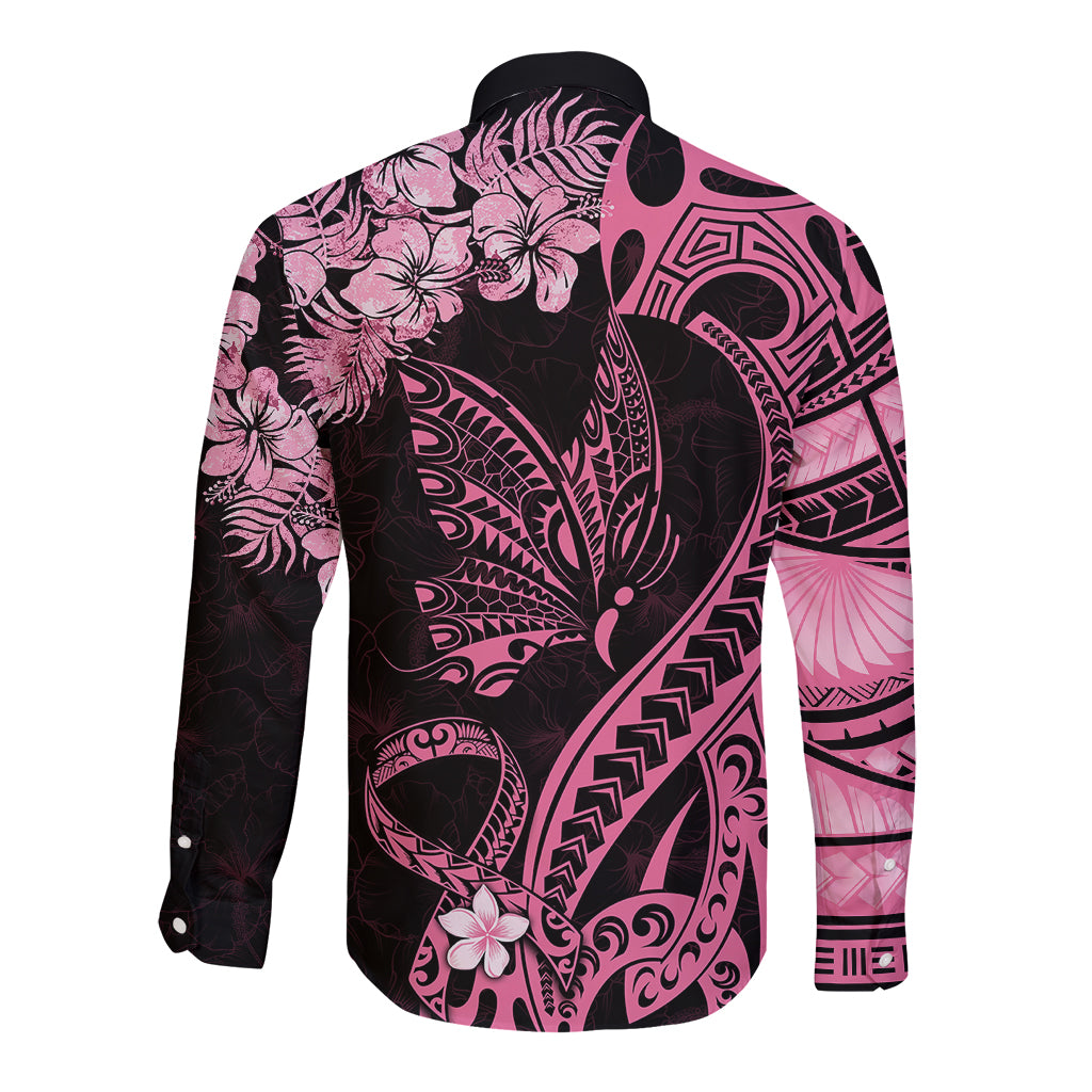 Polynesian Floral Butterfly Long Sleeve Button Shirt Breast Cancer Pink Ribbon LT9 - Polynesian Pride