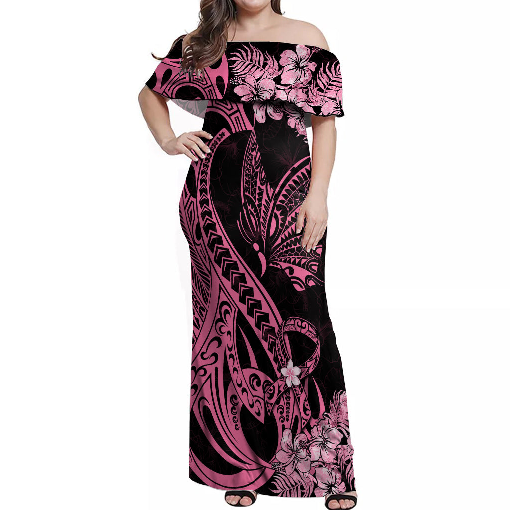 Polynesian Floral Butterfly Off Shoulder Maxi Dress Breast Cancer Pink Ribbon LT9 Women Pink - Polynesian Pride