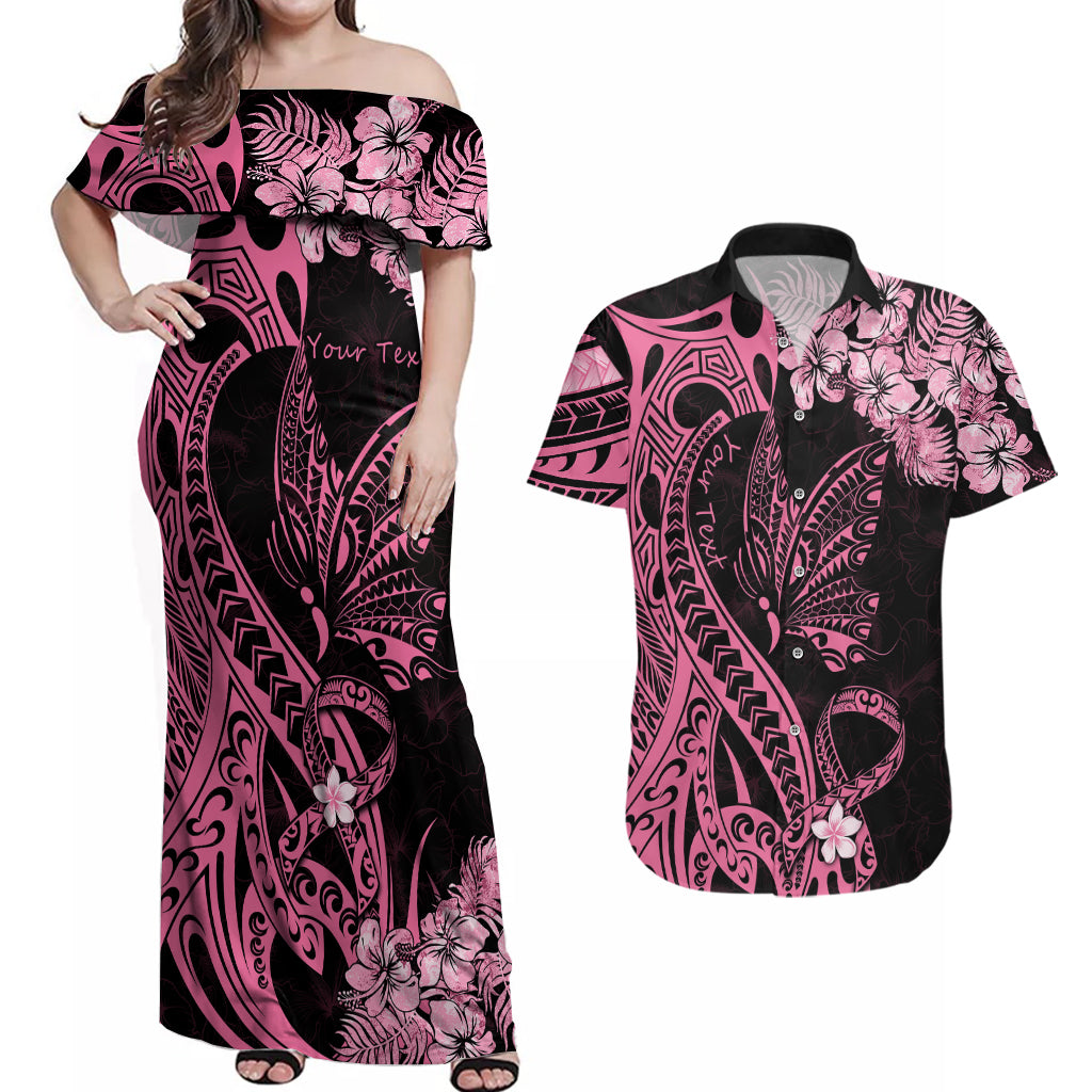 Personalised Polynesian Floral Butterfly Couples Matching Off Shoulder Maxi Dress and Hawaiian Shirt Breast Cancer Pink Ribbon LT9 Pink - Polynesian Pride