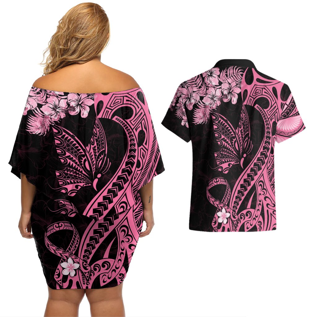Personalised Polynesian Floral Butterfly Couples Matching Off Shoulder Short Dress and Hawaiian Shirt Breast Cancer Pink Ribbon LT9 - Polynesian Pride