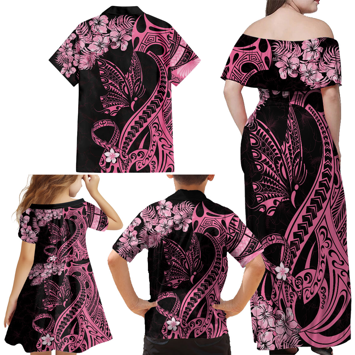 Personalised Polynesian Floral Butterfly Family Matching Off Shoulder Long Sleeve Dress and Hawaiian Shirt Breast Cancer Pink Ribbon LT9 - Polynesian Pride